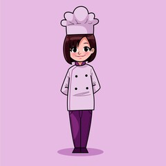 Cute Hand Drawn of Smiling Happy People Young Girl Chef Wearing Uniform. Suitable For Children Kids Activity Book, Mascot, Character, Sticker, T-Shirt, Logo, Cards. Cartoon Illustration. Doodle.