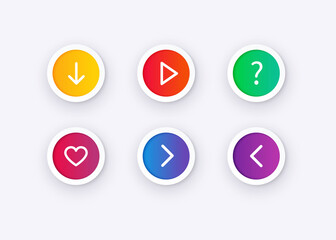 Set of vector buttons. Different gradient colors and icons on white forms with soft shadows.
