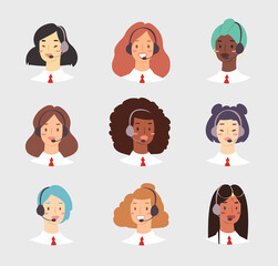 Cartoon avatar set of cute happy young women customer support phone operator with mix race nationality. Portrait of smiling girls, callcenter workers with headset. Client services and communication
