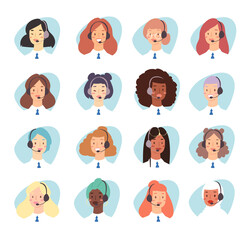 Cartoon avatar set of cute happy young women customer support phone operator with mix race nationality. Portrait of smiling girls, callcenter workers with headset. Client services and communication