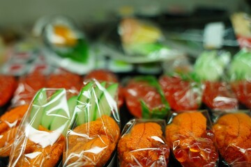 Artificial food made from candle  at Kappabashi, Tokyo, Japan. Japanese traditional food sushi.