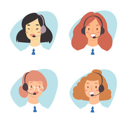 Cartoon avatar set of cute happy young women customer support phone operator with mix race nationality. Portrait of smiling girls, callcenter workers with headset. Client services and communication