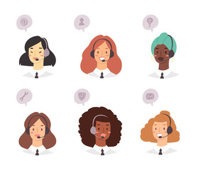 Cartoon avatar set of cute happy young women customer support phone operator with mix race nationality. Portrait of smiling girls, call center workers with headset and speech bubbles with web icons