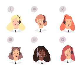 Cartoon avatar set of cute happy young women customer support phone operator with mix race nationality. Portrait of smiling girls, call center workers with headset and speech bubbles with web icons