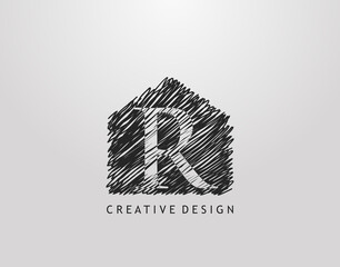 R Letter Logo. Abstract hand drawn house line stroke shape with negative space of letter R. Modern, minimalist and retro concept design.
