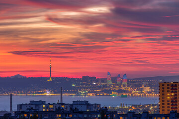 Panoramic view of Baku city, capital of Azerbaijan, at sunset