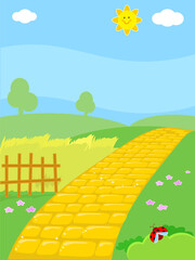 Cartoon yellow brick road in countryside, vector illustration background for kids
