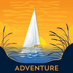 Naklejka premium Vector illustration. Yacht boat, sea, water. Sunset, calm landscape. Ship, sunrise, ocean, beach. Sailing, adventure, travel around the world. Image retro, vintage poster, travel agency, advertising