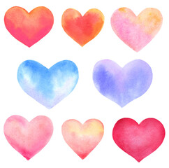 set of watercolor hearts isolated on white. hand-drawn illustration