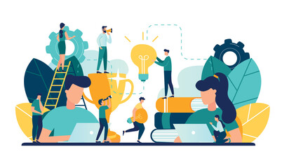 Vector creative illustration of business graphics, the company is engaged in joint construction, raising a career to success, the abstract person's head, filled with ideas of thought and analysis, gen