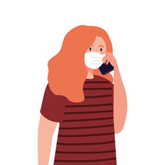 Woman with medical mask holding smartphone vector design
