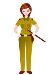 vector illustration of Indian policewoman in uniform holding baton.
