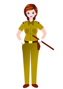 Vector Illustration Of Indian Policewoman In Uniform Holding Baton.