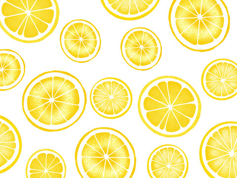 Trendy sunlight Summer pattern made with yellow lemon slice white background. Minimal summer concept.