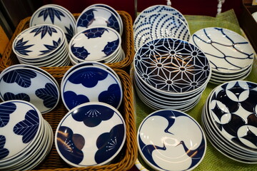 Japanese pattern print dishes at Kappabashi, Tokyo, Japan. It's called Yakimono in Japan.