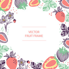 Fruit strawberry text circle round frame hand drawn flat template. Vector design with botanical illustration of red strawberry. For business, posters, covers, web and flyer print