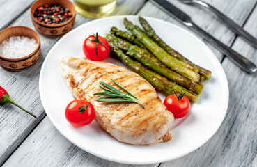 Grilled chicken breast with asparagus and spices on a plate on a wood background