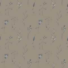 Sprigs of grass summer plant, flower. Pencil sketch simple art square seamless pattern on beige background. Print for fabric, clothes, postcard, wedding, invitation, wrapping paper.