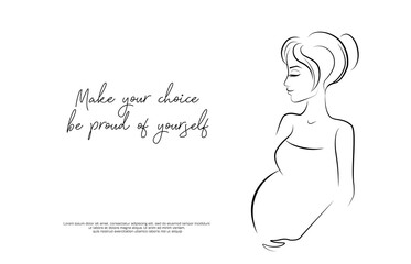 Obraz premium Pregnant girl silhouette - vector logo. Sketch drawing of a young woman mother. Illustration poster of happy motherhood, health care, against abortion