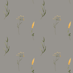 Fototapeta na wymiar Green twigs of grass summer plant, flower. Textural digital art square seamless pattern on a gray background. Print for fabric, clothes, postcard, wedding, invitation, wrapping paper, packaging.