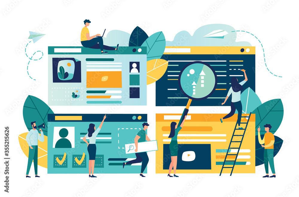 Fototapete Flat vector illustration, web site development, teamwork, website coding, SEO concept, search engine, design for mobile and web graphics