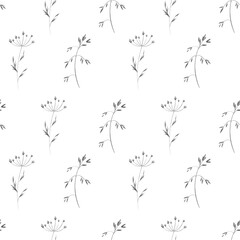 Sprigs of grass summer plant, flower. Pencil sketch simple art square seamless pattern on white background. Print for fabric, clothes, postcard, wedding, invitation, wrapping paper.