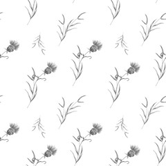 Sprigs of grass summer plant, flower. Pencil sketch simple art square seamless pattern on white background. Print for fabric, clothes, postcard, wedding, invitation, wrapping paper.