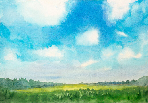 watercolor abstract landscape with grass field and fluffy clouds