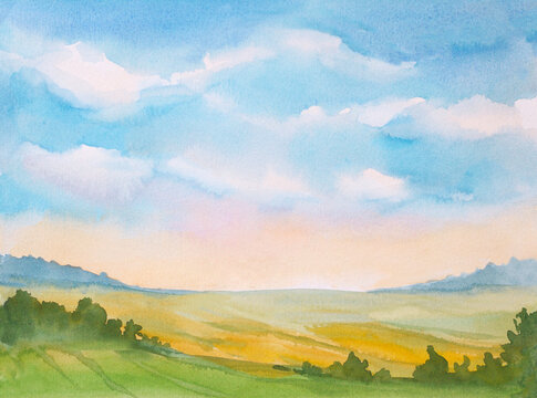 watercolor sunrise landscape with blue sky and clouds and green grass