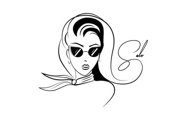 Girl in sunglasses with a retro hairstyle. Sketch hand drawing vector. Woman fashionable in vintage style. Design element for advertising sales and discounts. Illustration for shop promotion.
