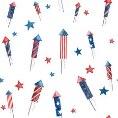Seamless pattern with stars and fireworks made with watercolor