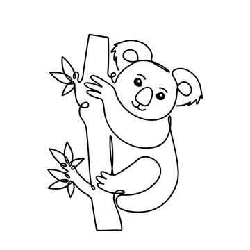 Cute panda sits on a eucalyptus tree. the picture is drawn in an infinite single line.