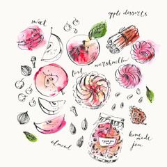 Fruit and dessert ink and watercolor stain illustration. Apple, spice, tart