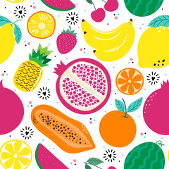 Hand drawn cute seamless pattern  fruits, Orange, Banana, Pomegranate, Cherry, Strawberry, Pineapple, Watermelon, Lemon and leaf on white  background. Vector illustration.