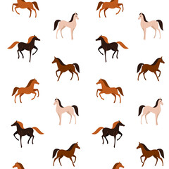 Cartoon happy animal - simple trendy pattern with different type of horse. Flat vector illustration for prints, clothing, packaging and postcards. 