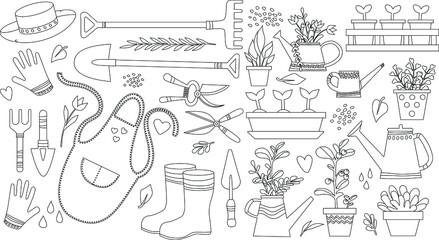 Set of tools and equipment for gardening. Potted plants, watering can, apron, shovel, wheelbarrow, dig, gloves, gardening, nippers, scissors. Elements for design, coloring book. Vector illustration