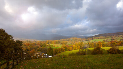 Fototapeta premium Colorful autumn landscape in the mountain village.