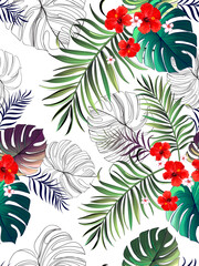 Tropical Seamless hand drawn exotic vector pattern with green palm leaves and hibiscus flower. Summer print for textile design.