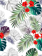 Tuinposter Tropical Seamless hand drawn exotic vector pattern with green palm leaves and hibiscus flower. Summer print for textile design. © Logunova  Elena