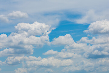 Naklejka na ściany i meble various shape fluffy cummulus clouds accumulating on blue summer sky