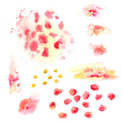 Vector watercolor stain set. Round shapes, stripes, brush strokes in yellow, pink