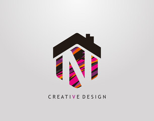 N Letter Logo. Creative hexagon house strip shape with negative space of letter N, Home Studio Icon Design.