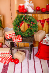 Christmas presents/gifts under fir-tree. Vintage New Year decorations. Gift boxes under fir-tree. Christmas mood. Celebrating of New Year