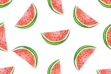 Seamless pattern from hand drawn watercolor slice of watermelon on white. Creative backdrop allover print for fabric product surface design wallpaper