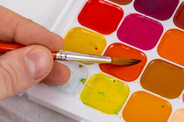 Set of watercolor paints and synthetic brushes for painting. Drawing process.