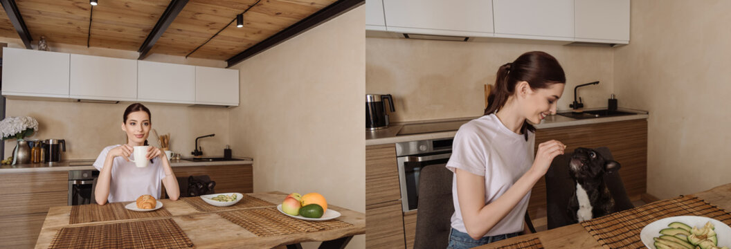 collage of attractive woman holding cup of coffee and sliced avocado near french bulldog