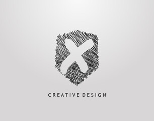 Shield X Letter Logo. Abstract hand drawn shield stroke line shape with negative space of letter X. Modern, minimalist and retro concept design.