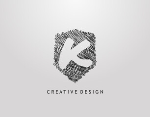 Shield K Letter Logo. Abstract hand drawn shield stroke line shape with negative space of letter K. Modern, minimalist and retro concept design.