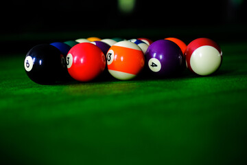 Billiard balls. Colorful snooker balls on green frieze.