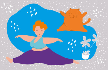 Body positive concept. Happy plus size girl and fat red cat play sports, twine pose. Leads an active healthy lifestyle. Flat vector illustration. Design for banner, poster, sticker, web.